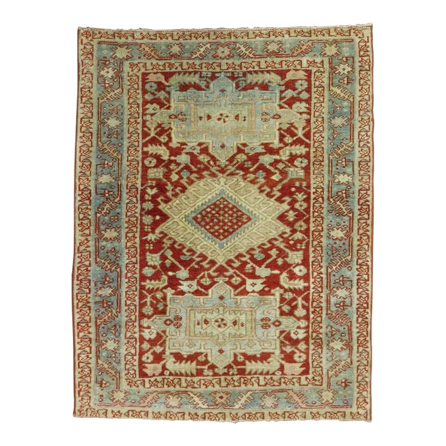 Cranberry Icy Blue Square Size Antique Persian Heriz Scatter Wool Handwoven Rug - 2'9" x 4'3" For Sale