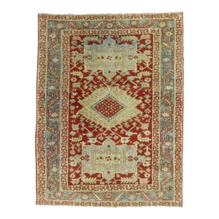 Cranberry Icy Blue Square Size Antique Persian Heriz Scatter Wool Handwoven Rug For Sale