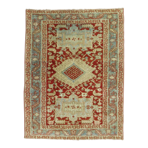 Cranberry Icy Blue Square Size Antique Persian Heriz Scatter Wool Handwoven Rug