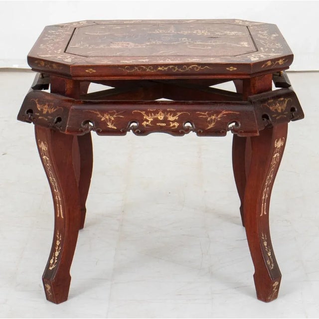 Chinese Inlaid Hardwood Octagonal Side Table with figural and animal decoration to top and reticulated frieze, on four...
