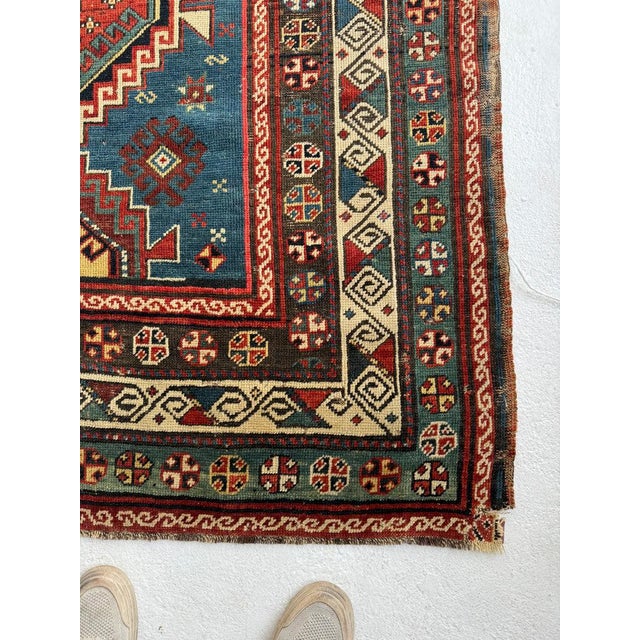 Century Old Antique Kazak in Ocean Blue Amazing Greens Rug 4.8 x 7.8 For Sale - Image 4 of 11