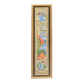 Long Vintage Bamboo Frame of Intricate Chinoiserie Scene Handmade Textile Art in Needlepoint For Sale