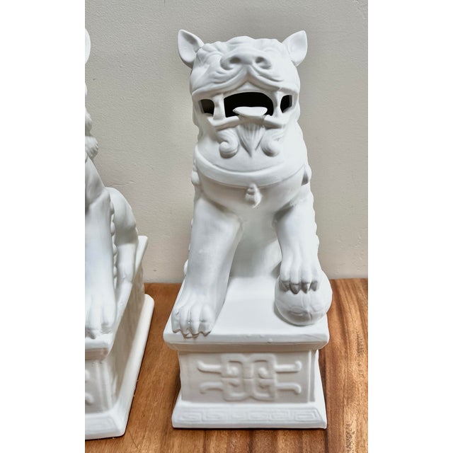 White Chinoiserie 17” Tall Matt White Finish Ceramic Food Dog Pair For Sale - Image 8 of 10