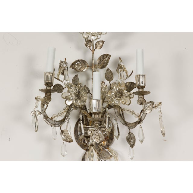 Glass 1940s Maison Baguès Crystal Three-Arm Sconces with Floral Motifs, US Wired For Sale - Image 7 of 12