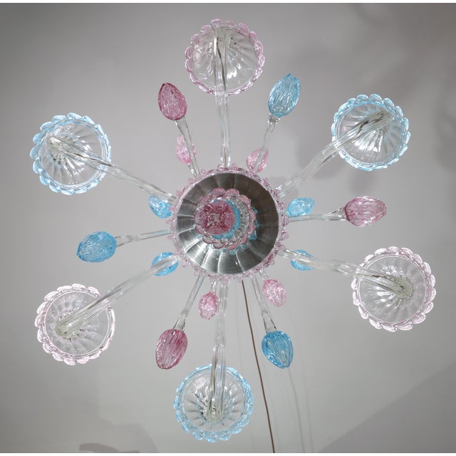 Glass "Amsterdam" Large Size Vintage Pink and Blue Tulip Murano Glas Chandelier, 1970s For Sale - Image 7 of 14