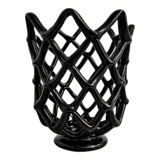 Sculptural Glossy Black Open-Lattice Art Glass Vase Sculptural Openwork Glass For Sale