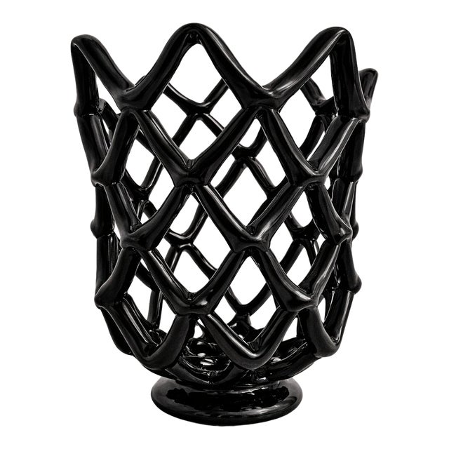 Sculptural Glossy Black Open-Lattice Art Glass Vase Sculptural Openwork Glass For Sale