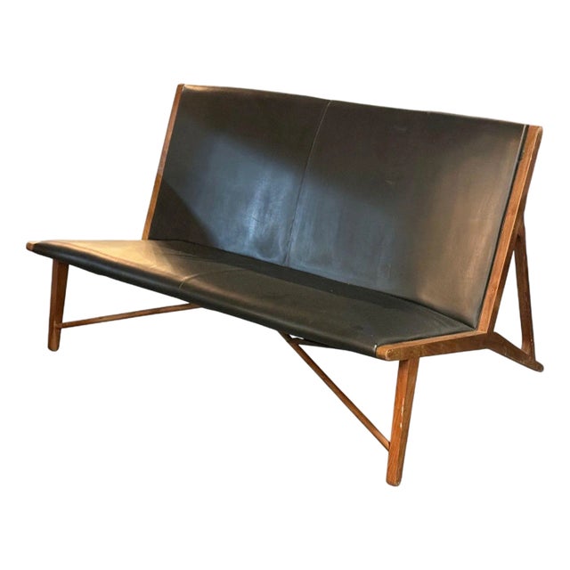 Hans J. Wegner Style, Teak, Leatherette, Settee, Denmark, 1950s For Sale