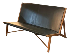 Hans J. Wegner Style, Teak, Leatherette, Settee, Denmark, 1950s
