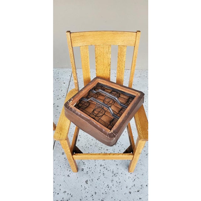 Early 20th Century 2 Matching 1910 Mission Quarter Sawn Oak & Removable Leather Seat Arm Chairs For Sale - Image 9 of 18