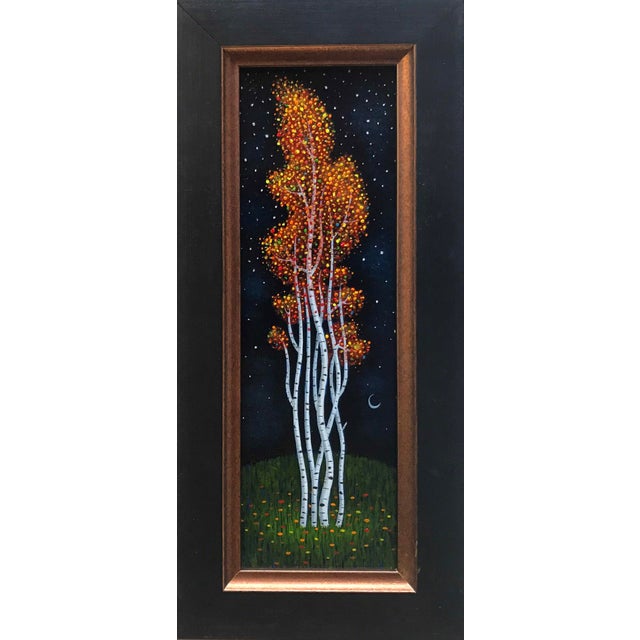 This oil on board piece presents a striking vertical composition featuring a cluster of slender birch trees adorned with...