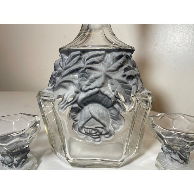 Antique Clear Frosted Crystal Czech Bohemian Rose Art Deco Glass Decanter - Set of 7 For Sale In New York - Image 6 of 12