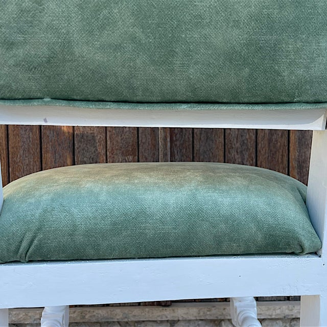 Wood Antique Portuguese Wood Chair in Agua Green Velvet Fabric, 1920s For Sale - Image 7 of 10
