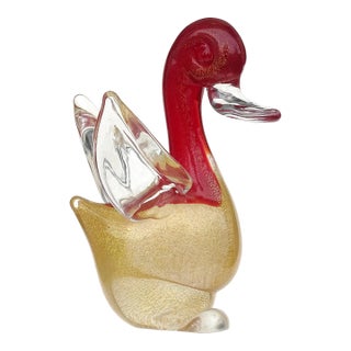 Vintage Murano Seguso Vetri d'Arte Red Head Gold Flecks Body Italian Art Glass Baby Duck Bird Figure For Sale