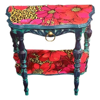 Mid-Century Modern Upcycled Teal & Red Accent Table With Boho Floral & Cheetah Accents For Sale