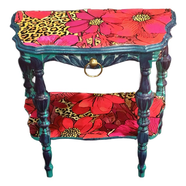 Mid-Century Modern Upcycled Teal & Red Accent Table With Boho Floral & Cheetah Accents For Sale