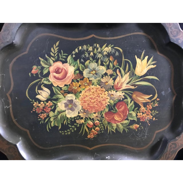 French 19th Century Floral Painted French Tole Antique Table Tray For Sale - Image 3 of 13