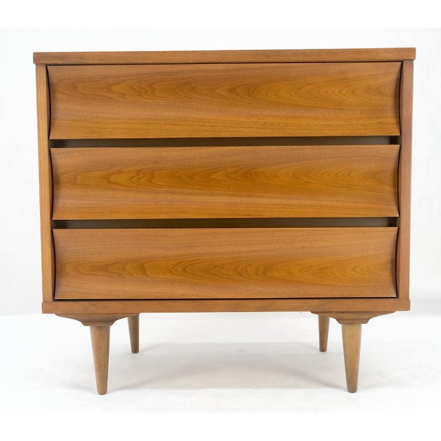 Brown Compact 3 Drawer Walnut Concave Drawer Front Mid Century Bachelor Chest Dresser For Sale - Image 8 of 16
