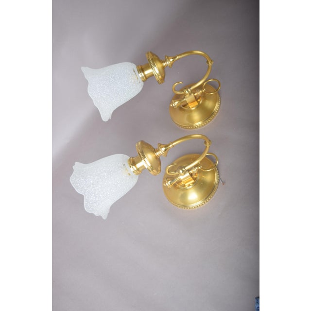 Brass Wall Sconces with Frosted Textured Tulip Glass Shades, 1950s, Set of 2 For Sale - Image 13 of 15