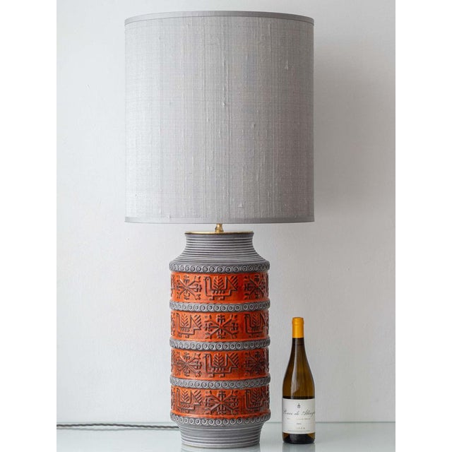 Industrial Mid-Century Modern Ceramic Table Lamp with Silk Lampshade from Bay Keramik, 1950s For Sale - Image 3 of 14