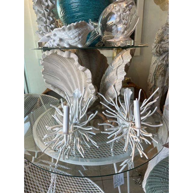 1970s Vintage Pair Palm Beach Coral Metal Tole Wall Sconces Lights Newly Wired White For Sale - Image 5 of 12