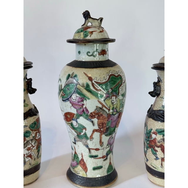 Late 19th Century Set of 3 Chinese Warrior Garniture Urns With Lids For Sale - Image 10 of 12
