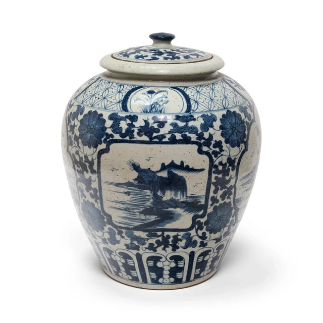 Ceramic Blue and White Tea Leaf Jar With Painted Landscape For Sale - Image 7 of 8