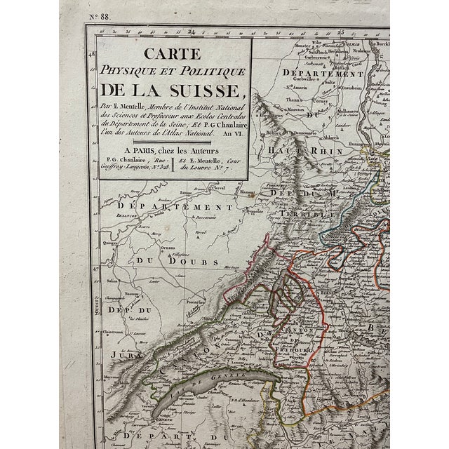 "Carte physique et politique de la suisse" or "Physical and Political map of Switzerland." Late 18th century chart of...