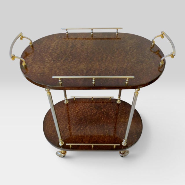 Brown Mid-Century Modern Italian Serving Trolley Bar Cart in Lacquered Goatskin Parchment, 1960s For Sale - Image 8 of 18