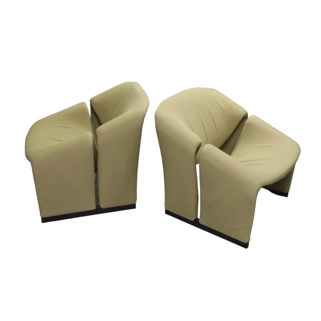 Incredible pair of Funky beige deep seated chairs with split floating midsection, beige fabric with sturdy metal frame....
