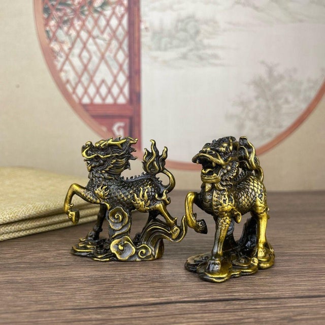 Pair of Gilt Bronze Qilin Statues – 2.2" Mythical Beast Figures on Cloud Bases For Sale In Los Angeles - Image 6 of 8