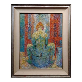 Manuel De Arce 1970s Pointillism Oil Painting, Nude Female in Lavatory For Sale