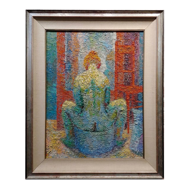 Manuel De Arce 1970s Pointillism Oil Painting, Nude Female in Lavatory For Sale