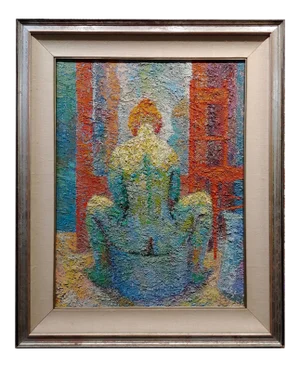 Manuel De Arce 1970s Pointillism Oil Painting, Nude Female in Lavatory