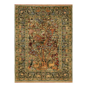 1950s Beige Floral Animal Vintage Silk Turkish Hereke Rug 2' X 3' Handknotted Wool Carpet