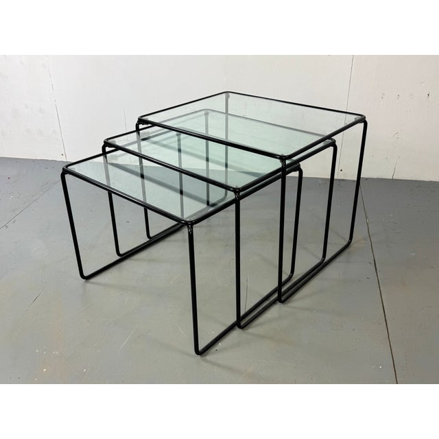 Modernist Italian Black steel and Glass Set of nesting Tables. Sizes 50x40x40 47x40x37 44x40x34