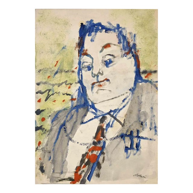 Mino Maccari, Portrait, Original Watercolor and Tempera, Mid-20th Century For Sale