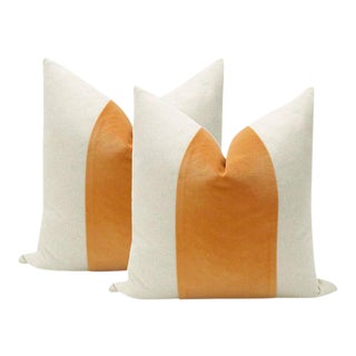 Hermés Orange Velvet Panel & Linen Pillows - A Pair