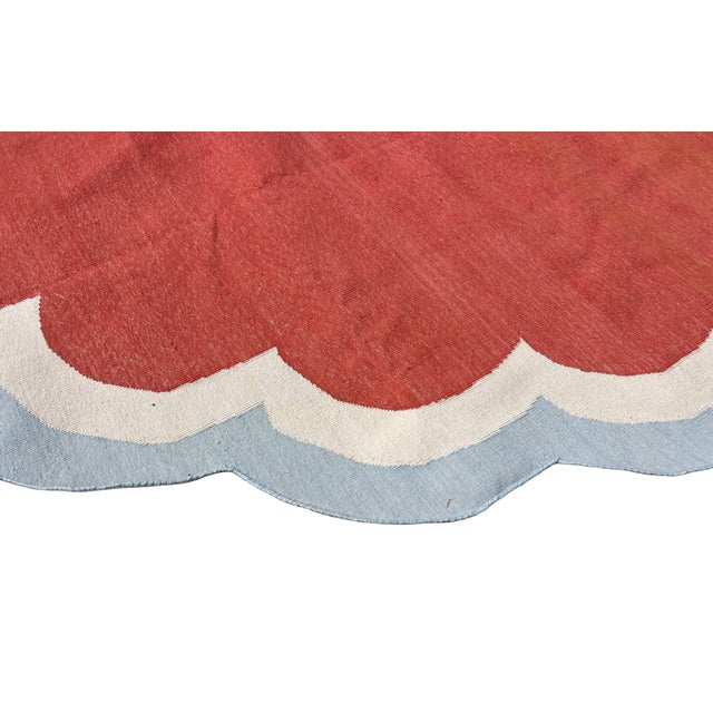Handmade Cotton Round Scalloped Rug, Terracotta, Cream and Light Blue Round Dhurrie-9' Round For Sale - Image 6 of 13