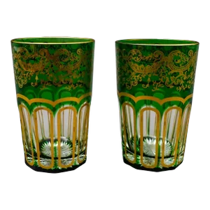 Mid 20th Century Saint St Louis Crystal France Rabat Green Gold Gilded Tea Tumbles Glasses- Set of 2