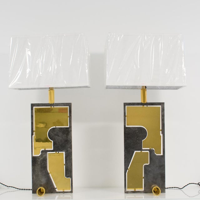 French Pair of Industrial Brutalist Brass and Steel Table Lamp, Circa 1980 For Sale - Image 3 of 12