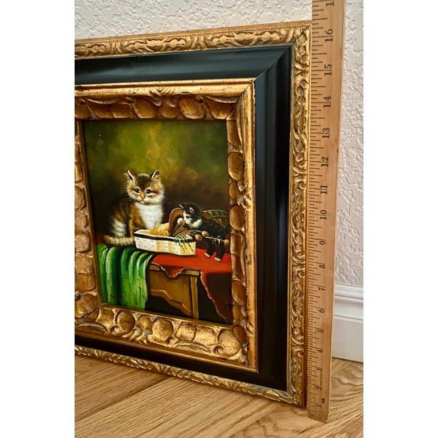 Mid 20th Century Oil on Board Painting of Playful Kittens - Signed 'Scott' (After Jules Leroy) in Ornate Gold Toned With Black Accent Frame. For Sale - Image 14 of 18