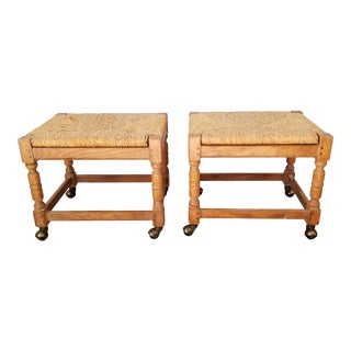 1970s Drexel Heritage Turned Wood and Woven Rush Ottomans - a Pair For Sale