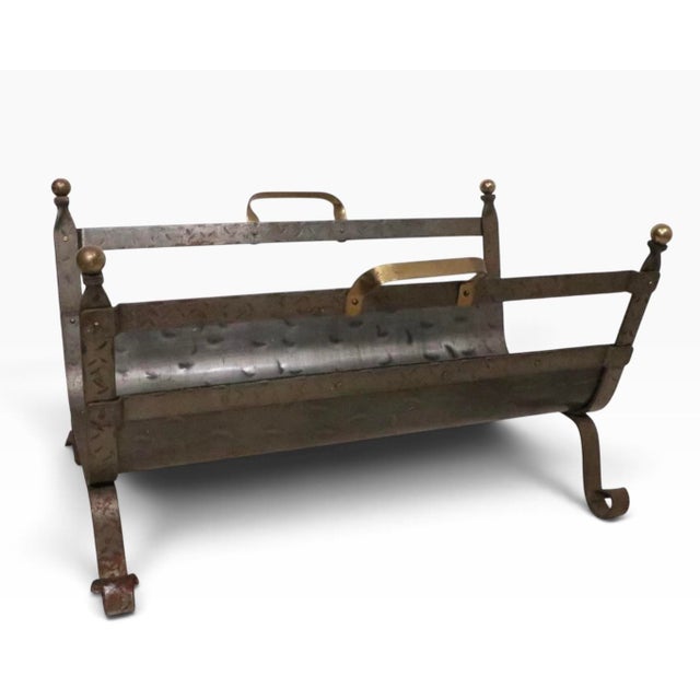 Mid 20th Century Arts and Crafts Style Iron and Brass Firewood Log Holder For Sale - Image 9 of 13