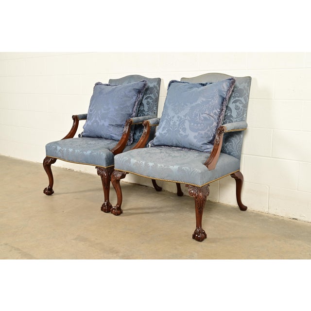 English Kittinger Chippendale Carved Mahogany Open Arm Library Chairs | Pair For Sale - Image 3 of 18
