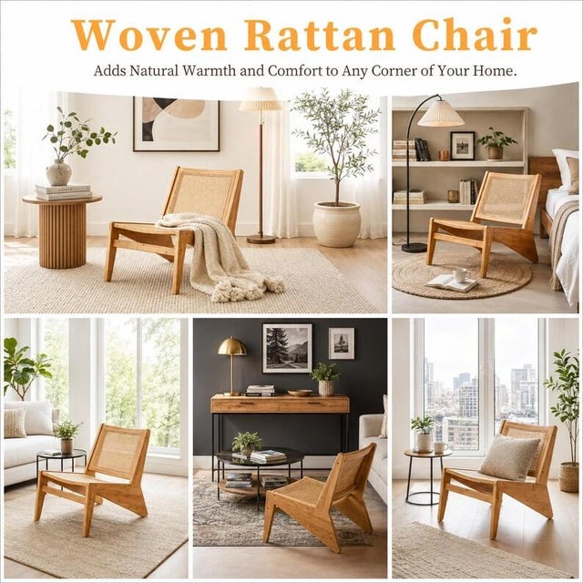 Mid-Century Modern Rattan Accent Chair for Living Room, Mid Century Modern Wood Side Chair, Comfy Bamboo Armchair for Bedroom Reading Nook, Boho Home Decor For Sale - Image 3 of 10