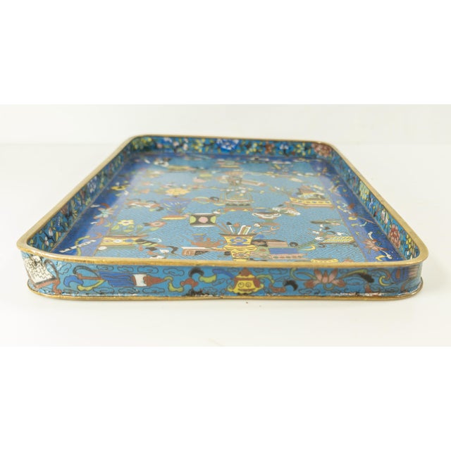 19th Century Chinese Cloisonne Enamel Tray With Scholar's Object Decoration For Sale - Image 11 of 12