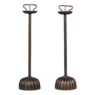 Near Pair of Japanese Metal Candleholders with Gadrooned Base For Sale