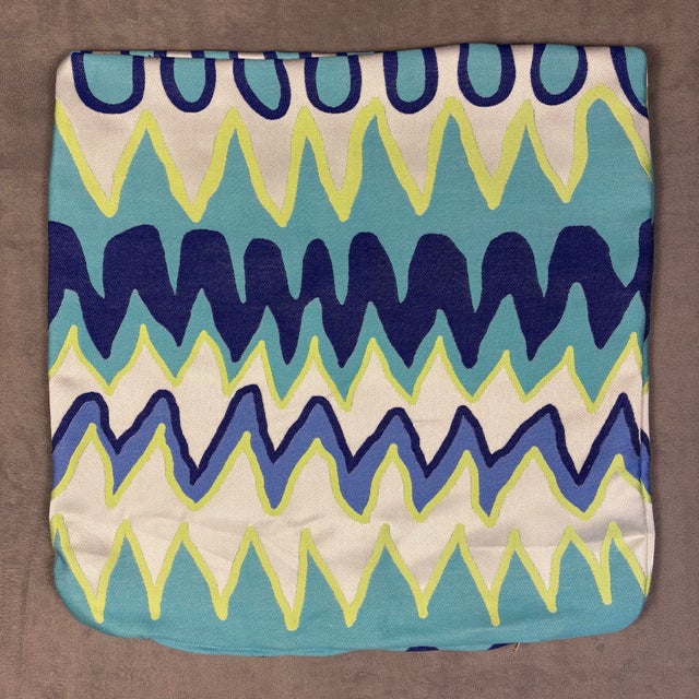 Blue Handmade Blue Chevron Wavy Designer Pillow Cover 22 in Square Made in Usa Blue For Sale - Image 8 of 8