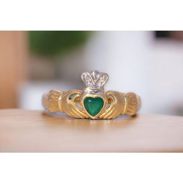 Contemporary The Naas: Irish Made Designer Signed Green Agate and Natural Diamond Claddagh Ring For Sale - Image 3 of 11